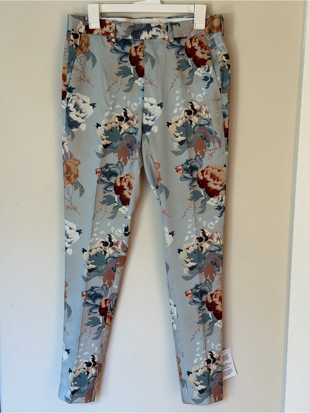 ASOS Floral Print Satin Pants — Sky Blue Base with Multicolor Blooms